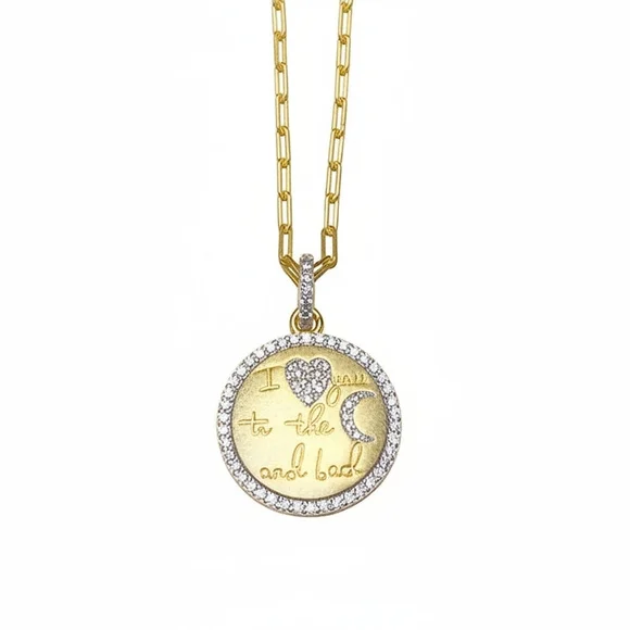 Gold Tone Round Pendant Necklace with Crystal Halo - Picture 2 of 2